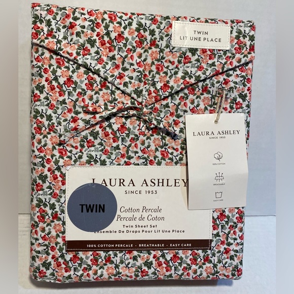 Laura Ashley EMOGENE Red Green White Floral Cotton Percale TWIN Sheet Set 3 pc - Picture 1 of 9